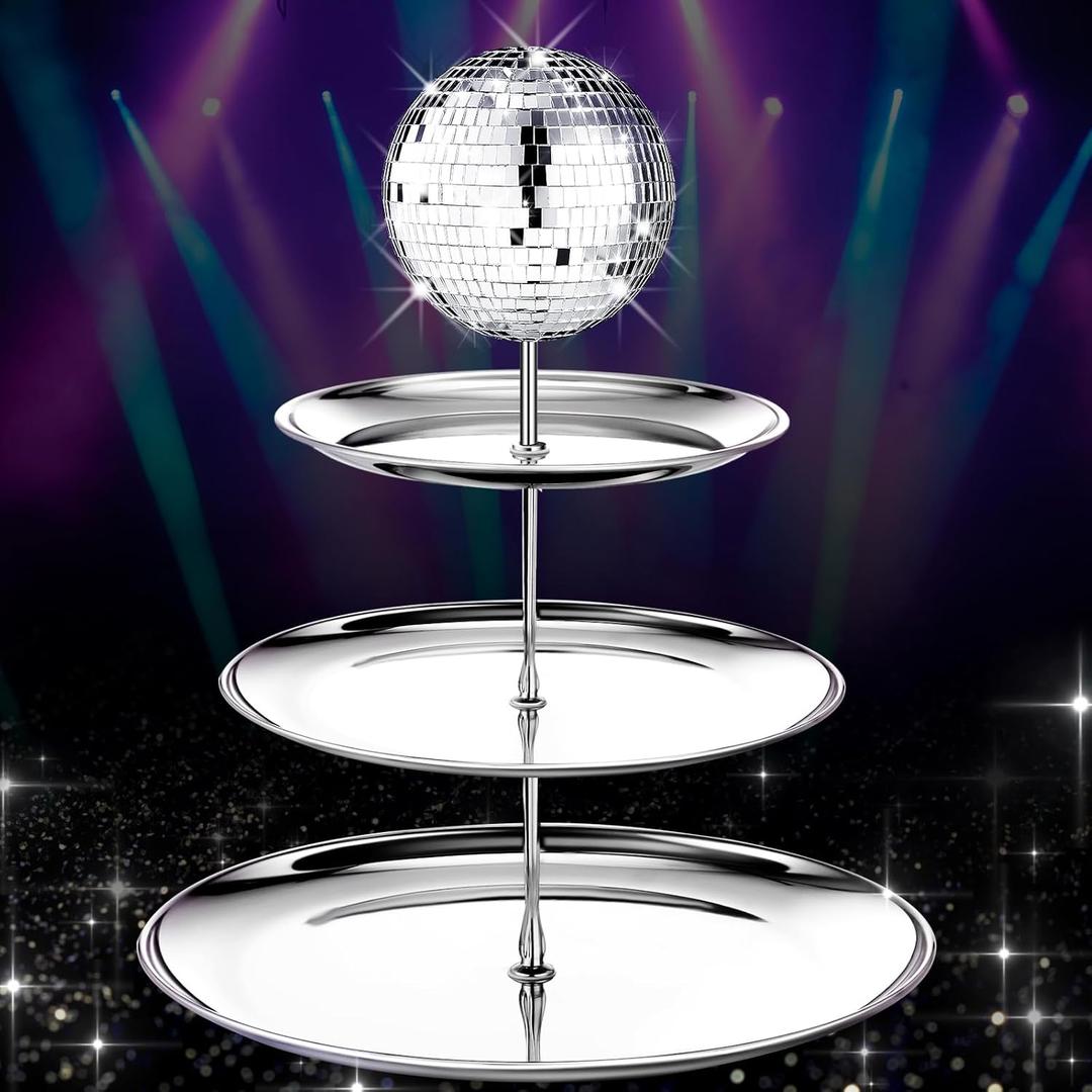 Layhit Disco Cupcake Stand 3 Tier Silver Glitter Metal Cake Holder Reusable Disco Table Decorations for Party Birthday Bachelorette Disco Ball Platterdessert Centerpiece Supply