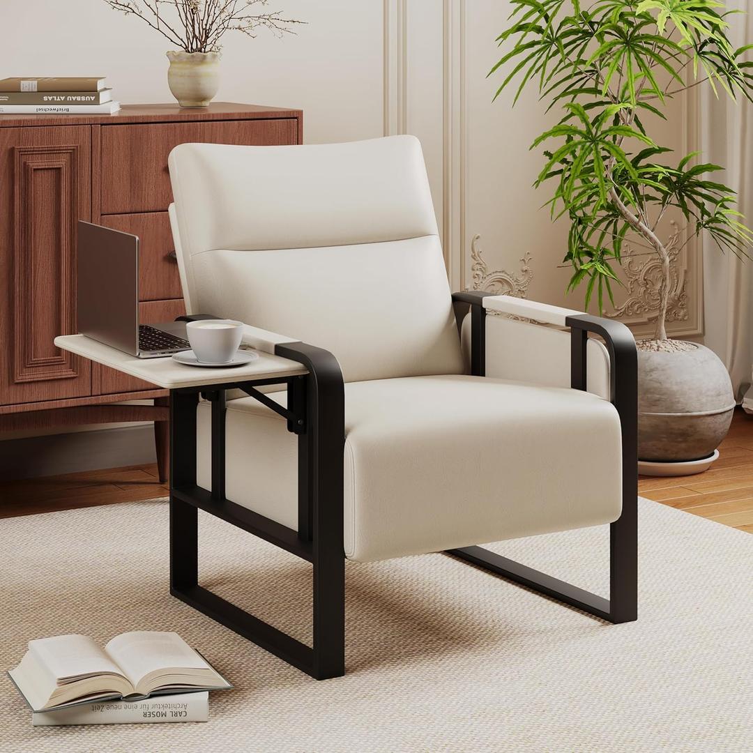 Upholstered Living Room Chair Armchair, Mid Century Faux Leather Metal Accent Chair, Reception Couch Office Guest Chair Slipper Club Lounge Single Sofa with Sidetable for Bedroom-Beige