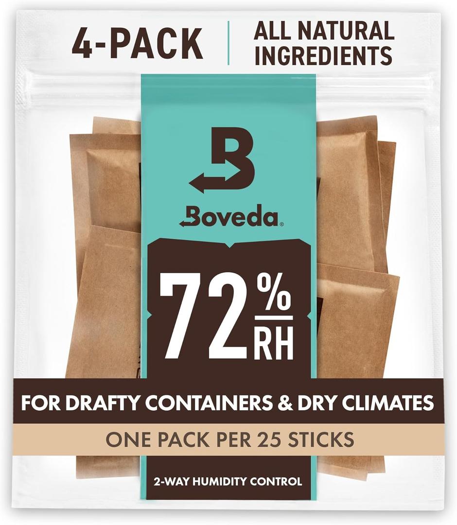 Boveda 72% Two-Way Humidity Control Packs For Wood Humidifier Boxes Size 60 4 Pack Moisture Absorbers Humidifier Packs Hydration Packets in Resealable Bag