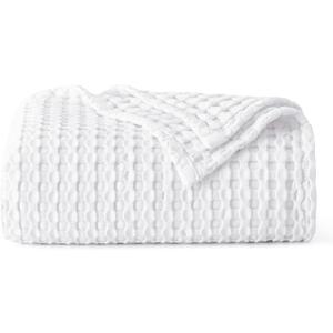 Bedsure Cooling Cotton Waffle Weave Blanket - Lightweight Breathable Blanket of Rayon Derived from Bamboo for Hot Sleepers, Luxury Throws for Bed, Couch and Sofa, White, 50x70 Inches
