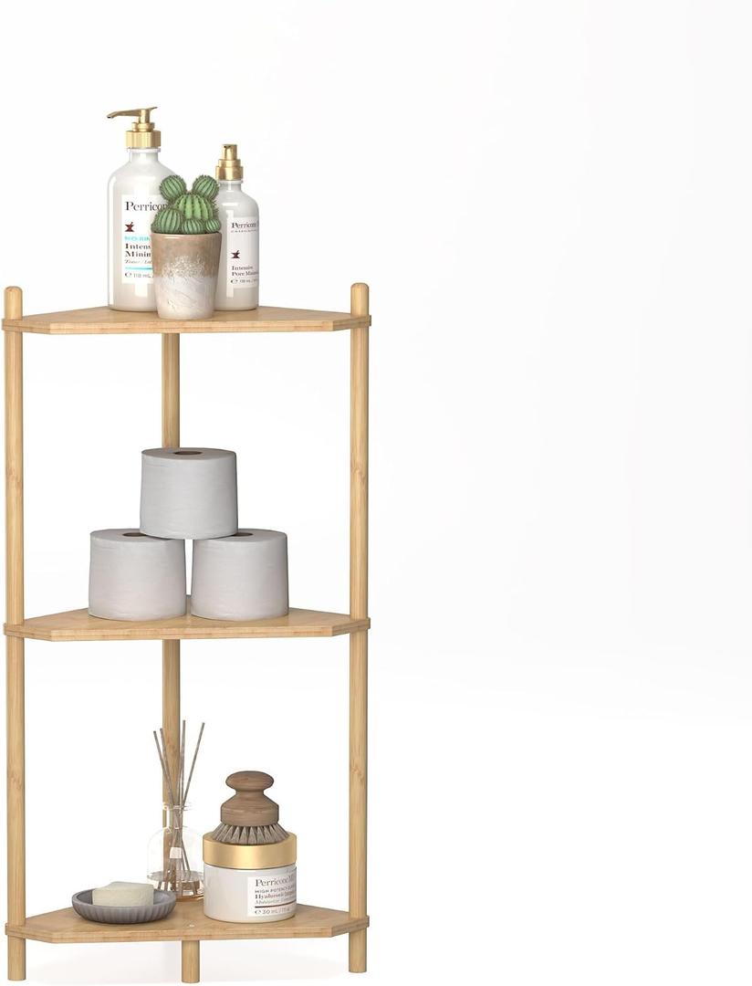 Wisuce Corner Shelf Stand - 3 Tier Bamboo Small Corner Bookshelf for Office Kitchen Bedroom Plant Stand Living Room Decor Small Space (Nature) (Natural)
