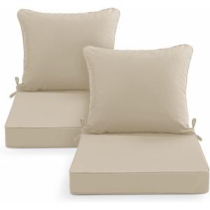 Outdoor Chair Cushions Set of 2, Waterproof Backrest and Deep Seat Cushion Set for Patio Furniture, Outdoor Sofa Replacement Cushions with Removable Cover, 24 x 24 Inch, Cream