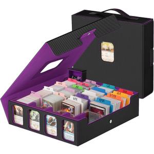 Trading Card Storage Box - 3200+ MTG Deck Box with Commander Display & Portable Handle, 4-Row Card Case Compatible for MTG/TCG/Magic Cards, 30 Colorful Dividers, 8 Card Supporters (Black & Purple)