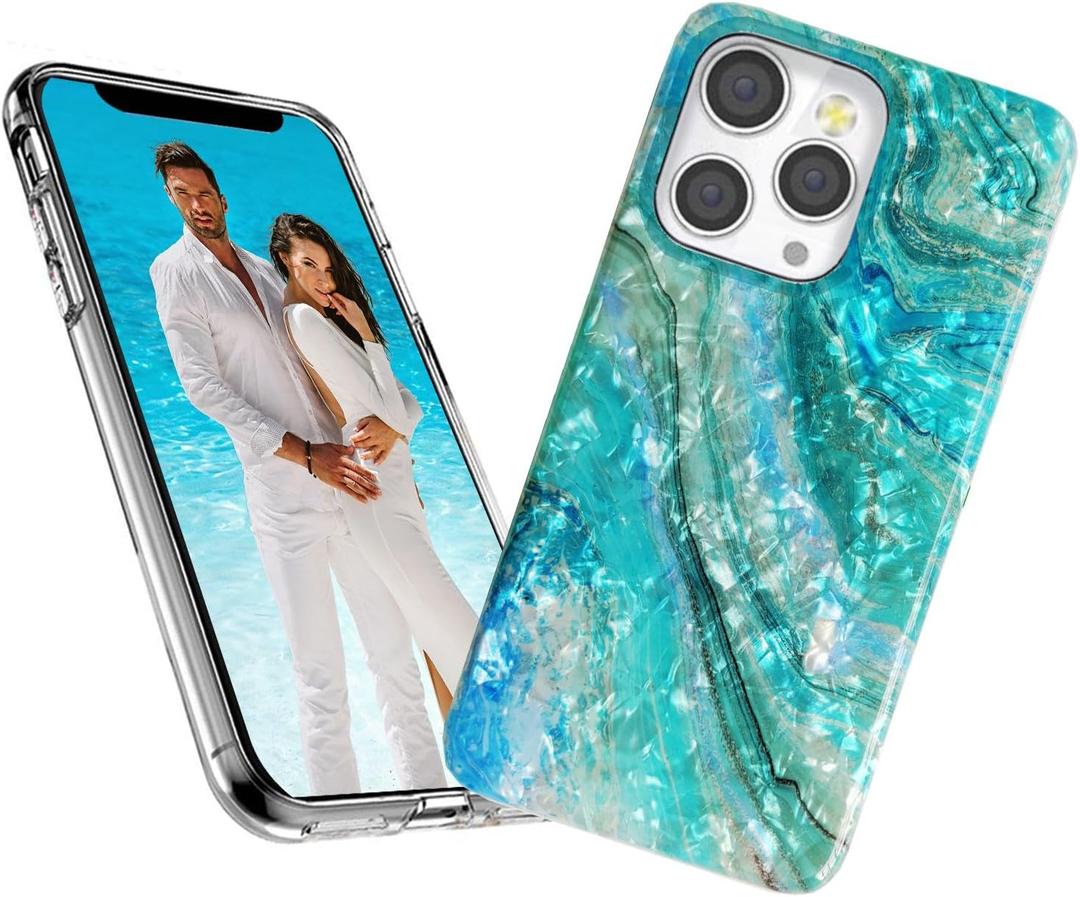 Case for iPhone 13 Pro Case for Girl Women Men,ARSTVEC Glitter Pearly Luster Shell Shiny Sparkle Bling Slim Soft TPU Protective Back Phone Case Cover for iPhone 13 Pro 6.1,Blue Sea Waves Ocean Summer