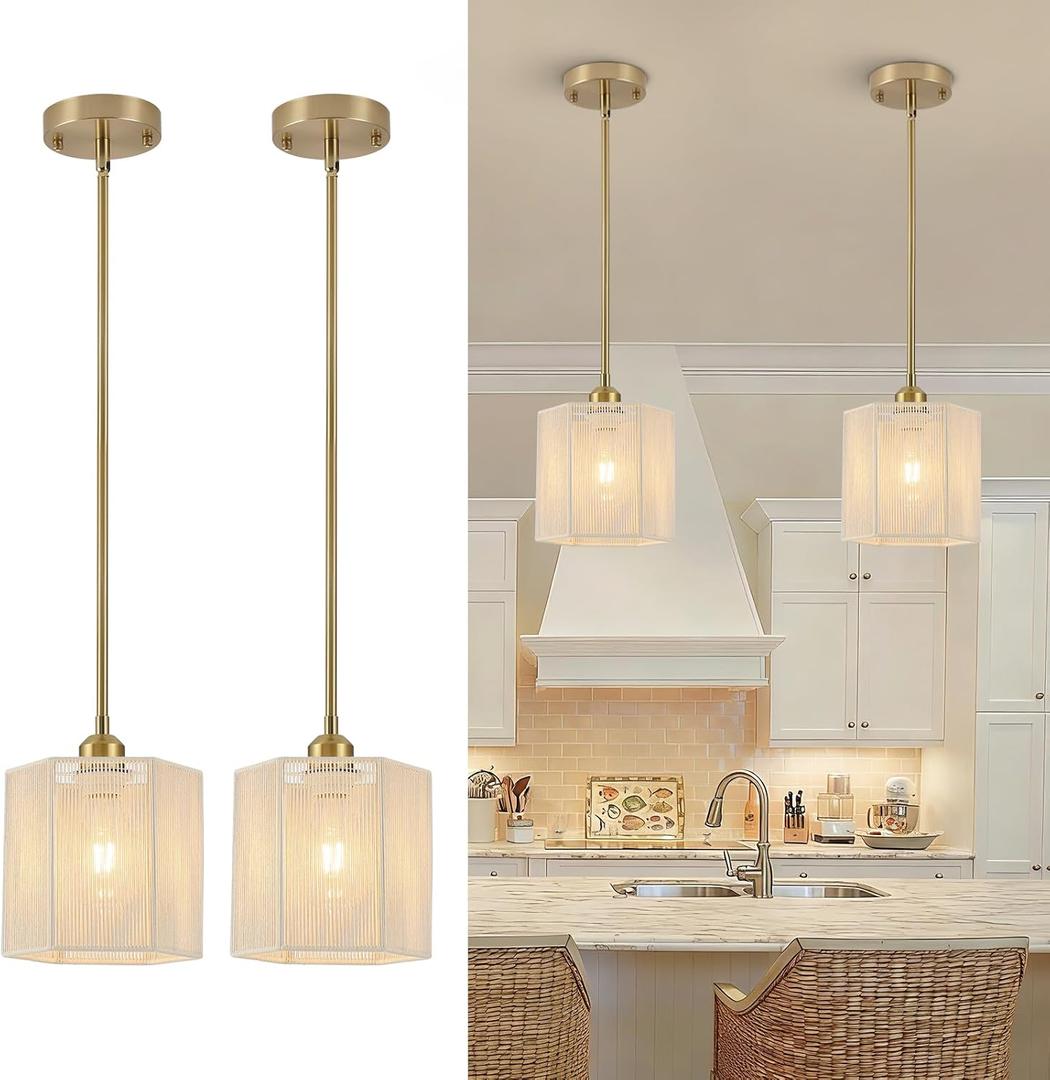 2-Pack Hand-Woven Rattan Pendant Lights, 7.67" Boho Hanging Pendant Light Fixtures, Coastal Hexagonal Mini Island Lights for Kitchen Island, Foyer, Bedroom, E26 Base