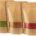 Belinlen 100pcs 5.9 x 8.62 Inch Kraft Stand Up Pouches Zip Lock Food Storage Bags with Matte Window Multipurpose Kraft Paper Bags Reusable, Heat-Sealable