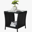 Outvita Outdoor Side Table, Rattan Coffee Table Small End Table with Glass Top Storage for Patio Porch Backyard Balcony
