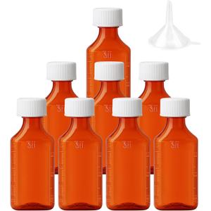 Zoeynex Child-Resistant 2oz Amber Plastic Medicine Bottles (8 Pack) - Leak-Proof, Graduated (oz & ml) - Includes Funnel - Travel Liquid Medication Container