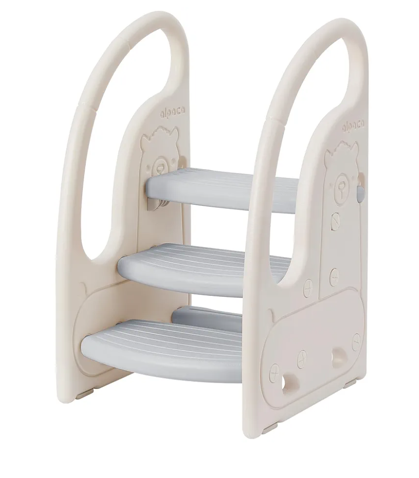 Toddler 3 Step Stool Onasti Kids Standing Tower for Toddlers Plastic Learning Helper Stool for Kitchen Counter Bathroom Sink Toilet Potty Training with Handles and Non-Slip Pads-Grey White