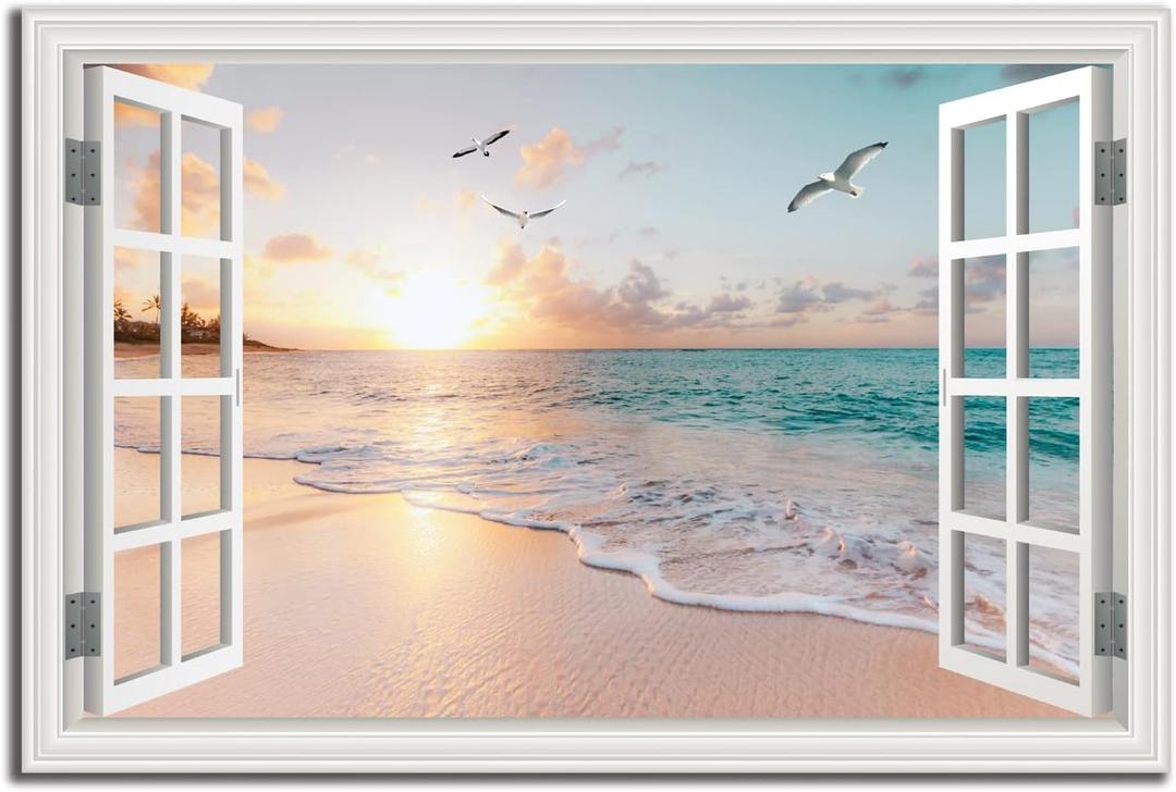 Beach Wall Art Picture for Living Room - Window Frame Style Canvas Wall Decor Ocean Sunset - Blue Sea and White Sand Painting on Canvas for Bedroom Office Home Decoration (36L" x 24W")