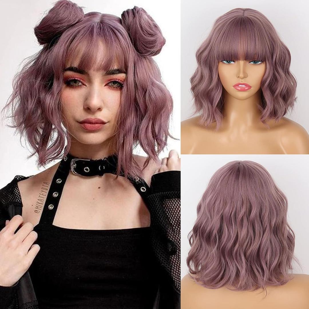 MISSQUEEN Short Wavy Wigs for Women,Synthetic Cute Purple Wavy Wigs with Bangs,14inch Natural Curly Synthetic Women Bob Wig(Purple)