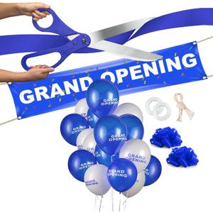 Deluxe Grand Opening Ribbon Cutting Ceremony Kit - 25" Giant Scissors with Blue Satin Ribbon, Banner, Bows, Balloons & More