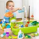Play Sink with Running Water, Kitchen Play Sink Toy with Electric Faucet, Play Kitchen Accessories, Floating Pool Toys & Fishing Game, Kids Pretend Play-Dishwasher Play Set for Boys Girls Toddlers, 15.74 X 11.62 X 13.78 Inches