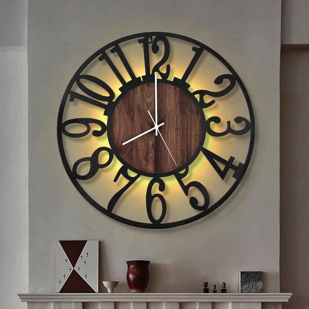 LEIKE Large LED Wall Clocks,Silent,Non Ticking,Battery Operated Rustic Round Modern Big Wood Wall Clock for Living Room, Bedroom,Kitchen,Farmhouse,Office,Home Decor -20" Black,LED,Arabic Number