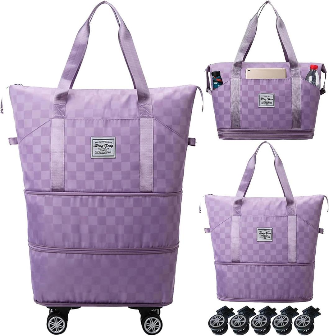 Expandable Foldable Duffel Bag Suitcases,Detachable Rolling Wheels,Rolling Duffle Bag with Wheels,Suitcase with Wheel,Carry on Luggage,Gift for Men Women Lightweight Suitcases (Purple)