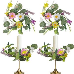 4 PCS Mini Floral Candle Rings Wreath 1.38" Artificial Wildflowers Flower Candle Holder Ring Spring Summer Table Centerpieces Candle Decorations Ring Candle Wreath for Home Church Wedding Party Decor