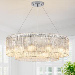 Modern 24 Chrome Chandeliers 10-Light Crystal Glass Round Chandelier Luxury Drum Ceiling Pendant Light Fixtures 2 Tiers Hanging Lighting for Dining Room Foyer Living Room Bedroom