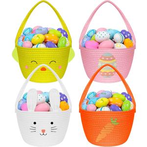 4 Pcs Easter Woven Basket Empty for Gifts Small Bunny Woven Cotton Rope Baskets with Handle Easter Egg Hunt Buckets Bags for Girls Baby Shower Candy Egg Storage Easter Party Decoration Basket Gifts