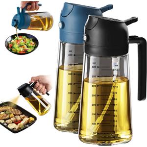 TrendPlain 16oz/470ml Glass Olive Oil Sprayer for Cooking 2 in 1 Olive Oil Dispenser Bottle for Kitchen Gadgets and Air Fryer Accessories, Salad, BBQ - Black & Navy