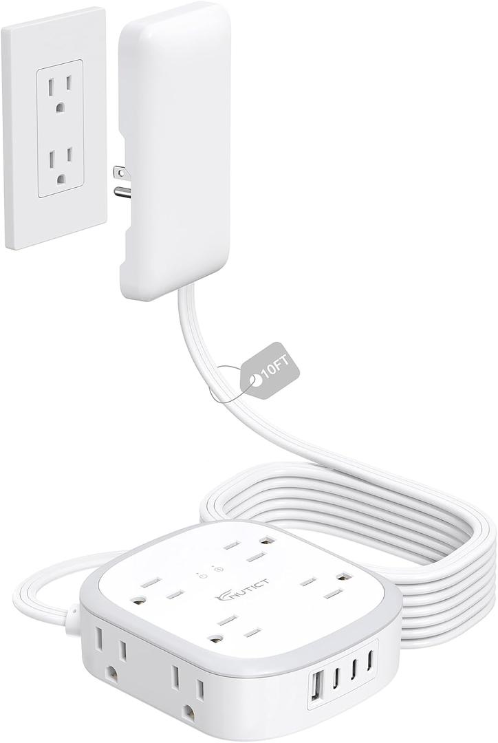Outlet Cover Extension Cord Long 10ft, NUTICT Flat Plug Power Strip with 8 Outlets & 3 USB-C & 1 USB-A Port, 13A/1625W, 1440J Surge Protector, Indoor 3 Prong Flat Wall Plug for Tight Spaces, White