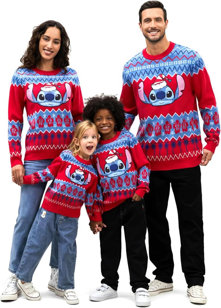 Disney Stitch Christmas Family Matching Snow Sweater Funny Holiday Long Sleeve Crew Neck Pullover Tops Festival Party Sets (8-9 Years, Red)