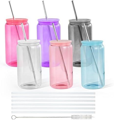 16oz Plastic Mason Jars, 4Pack Clear Mason Drinking Acrylic Cups with Lids and Stainless Steel Straws Iced Coffee Cups Shatterproof Unbreakable Tumblers for Smoothies, Beer, Coffee, Milk Tea, Colored