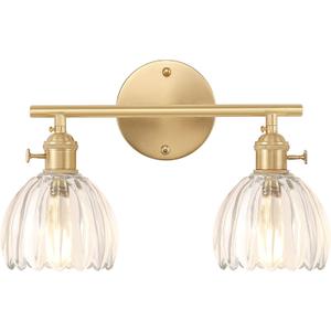 Bathroom Light Fixtures, 2-Light Brass Vanity Wall Light Over Mirror with Clear Tulip Glass Shade for Bedroom Living Room (Hardwired)