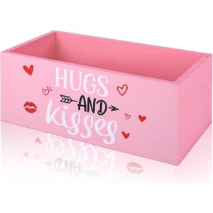 Wooden Valentine's Day Hugs and Kisses Candy Bowl Happy Valentine's Day Candy Dish Large Valentine Candy Dish Holders Wood Serving Bowl Tableware for Valentine Parties Decorations Holiday Decor
