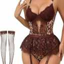 Alrovetoney Women Lingerie Set Naughty Lace Bodysuit High Waisted Underwire Lingerie Babydoll With Garter Belt and Stockings (Brown, XS)