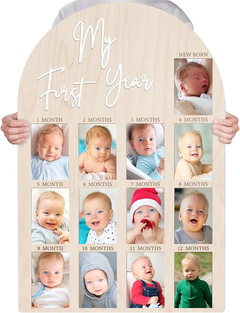Bosctanuc Large My First Year Picture Frame for 33 x 22 Inch Wooden Photo Board ,12 Monthly Photo Display 1st Birthday Decorations Baby Gift for Newborn Keepsake,Baby Monthly Milestone (Classic, Wood, 33X22)