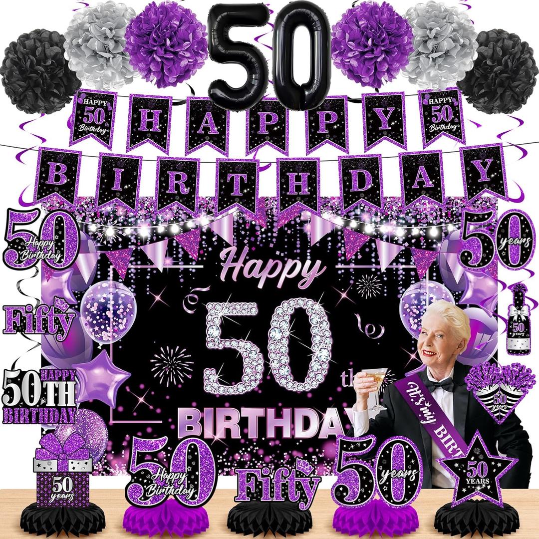 Purple 50th Birthday Decorations Kit for Women Men Purple Black 50th Birthday Banner 50th Birthday Balloons Honeycomb Centerpiece Swirls Paper Pompoms Sash for Purple 50th Birthday Party Supplies