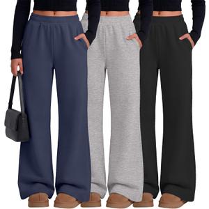 3 Pack Girl's Uniform Flared Sweatpants Elastic Waist Bell Bottom Casual Athletic Pants with Pockets (11-12 Years, Navy Blue, Light Heather Gray, Black)
