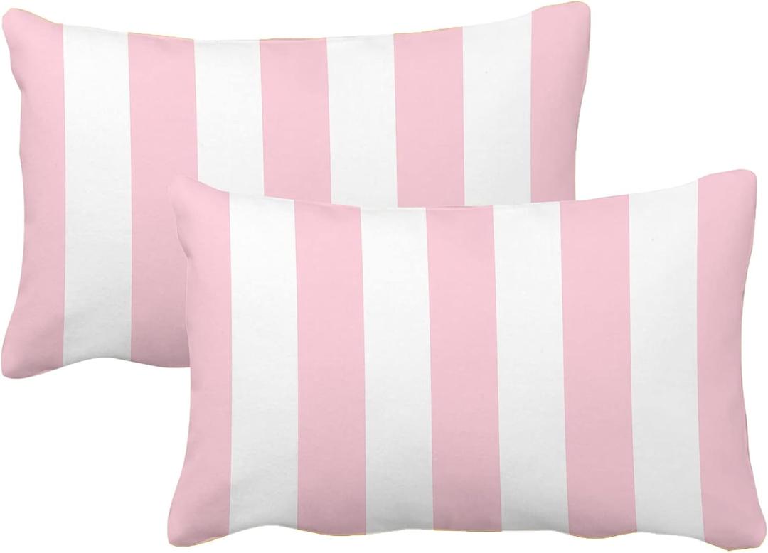 Leaveland Pink and White Stripe Set of 2 12x20 Inch Cotton Polyester Throw Pillow Cover Decorative Soft Lumbar Cushion Case Slipcover Fall Autumn Winter Christmas Home Decor Bed Accent Pillowcase Sham