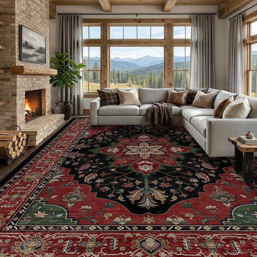 RELEANY Washable Area Rug, Large 9'x12', Red/Black | Non-Slip, Water Repellent, Pet Friendly, Easy to Clean, Vintage Floral Boho Decor for Living Room Bedroom Dining Room