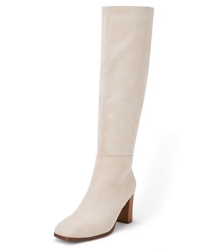 Coutgo Womens Knee High Boots Chunky Block Heels Square Toe Side Zipper Faux Suede Fall Winter Comfort Boot White 8