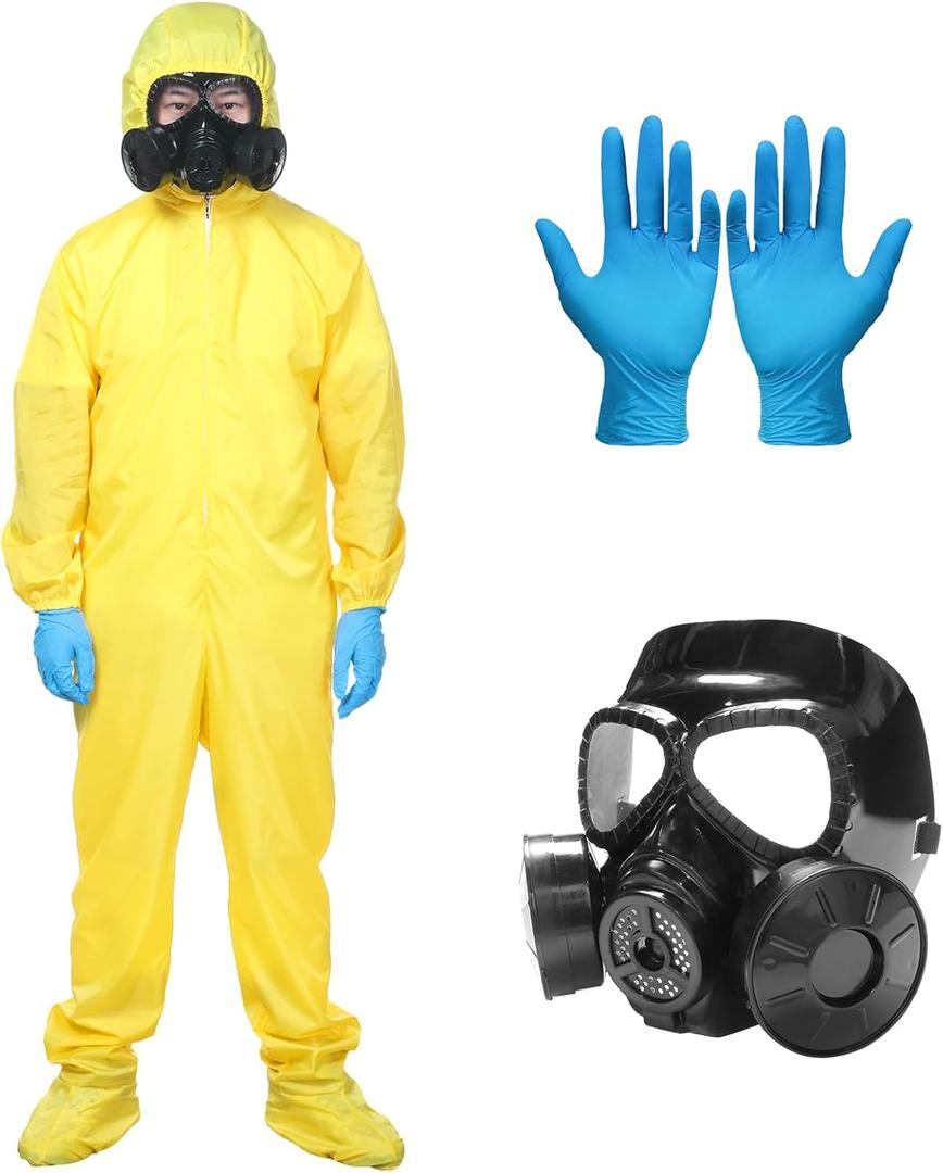 Halloween Yellow Hazmat Suit Cosplay Costume for Adult Men,Hazmat Jumpsuit Cosplay Costume Gas Mask Props Gloves (Medium)