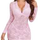 Avidlove Women's Lace Long Sleeve Babydoll Lingerie Dress And Thong Set Sexy Deep V-Neck Party Clubwear Outfits Mesh Bodycon Pink L