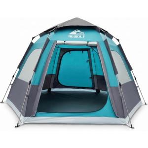 Hewolf 4 Person Camping Tent - Instant Pop Up Waterproof 2 Doors Tent with Easy Setup | 3-Season Hexagonal Dome Design for Family, Hiking & Traveling