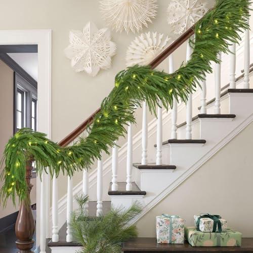 2PCS 9FT Norfolk Pine Garland with 100 Lights.120 Pine Branches, Realistic Christmas Garland Holiday Greenery for Stairs Table Wall Christmas Decorations