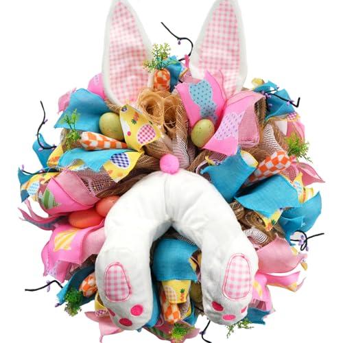 Egolot 16 Inch Easter Bunny Ears Butt Wreath for Front Door, Bunny Thief Carrots Eggs Mesh Deco Wreath for Spring Easter Decoration, Lovely Bunny for Home Decor Porch Door and Wall