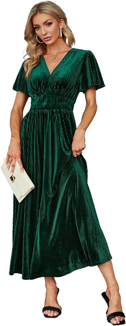 Simplee Women’s Short Sleeve Velvet Maxi Dress V Neck Formal Dress(XL Green)