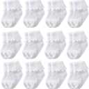 12 Pairs Infant Newborn Baby Girls White Socks Cotton Turn Cuff Ruffle Socks (9-24 Months, 12 Pair- White)