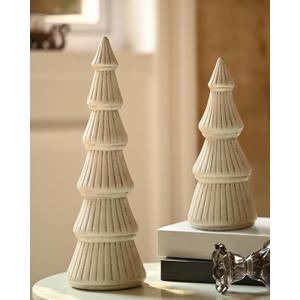 WONDROUS' DECO Wooden Christmas Tree Figurine Decor, Set of 2 White Christmas Tree Table Centerpieces, Small Distressed White Xmas Trees Set Decoration for Vintage Mantle Indoor