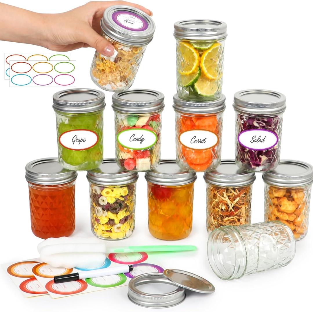 Mason Jars 8 oz with Lids&Bands 12Pack, Small Canning Jars 8 oz - Glass Jars with Lids for Oats/Jelly/Jams/Crafts/Candles