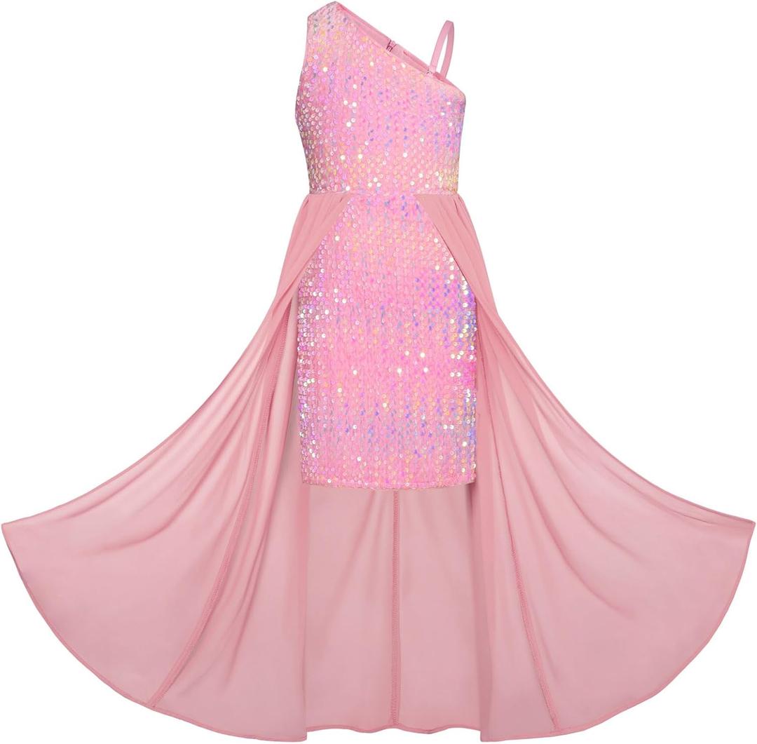 GRACE KARIN Girls Sequin Dress One Sleeve Formal Pageant Prom Party Special Occasion Dresses Size 5-14 (12-14 Years, Candy Pink)