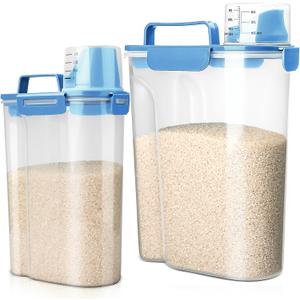 Viretec Rice Storage Container, 5 to 10lb Dry Food Airtight Dispenser, Pet Dog Cat Food Canister, BPA Free Clear Plastic Kitchen and Pantry Bin for Oatmeal, Cereal, Pasta, Flour Pack of 2 Blue, 3L+6L/Blue