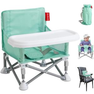Tiny Marvels Portable Booster Seat, Foldable Baby High Chair with Removable Tray, Safety Harness & Carry Bag  for Toddlers Ages 6M-3Y, Ideal for Dining, Travel, Camping & Family Time (Green)