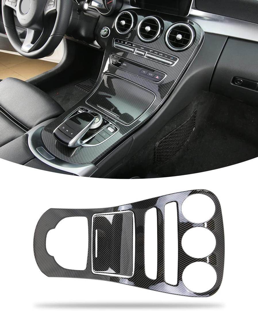 Center Console Gear Shift Panel Frame Cover Trim, Carbon Fiber Pattern Style, Interior Decoration Accessories for Mercedes Benz C GLC Class W205 2015-2018 (W205 2015-2018-Without Clock)