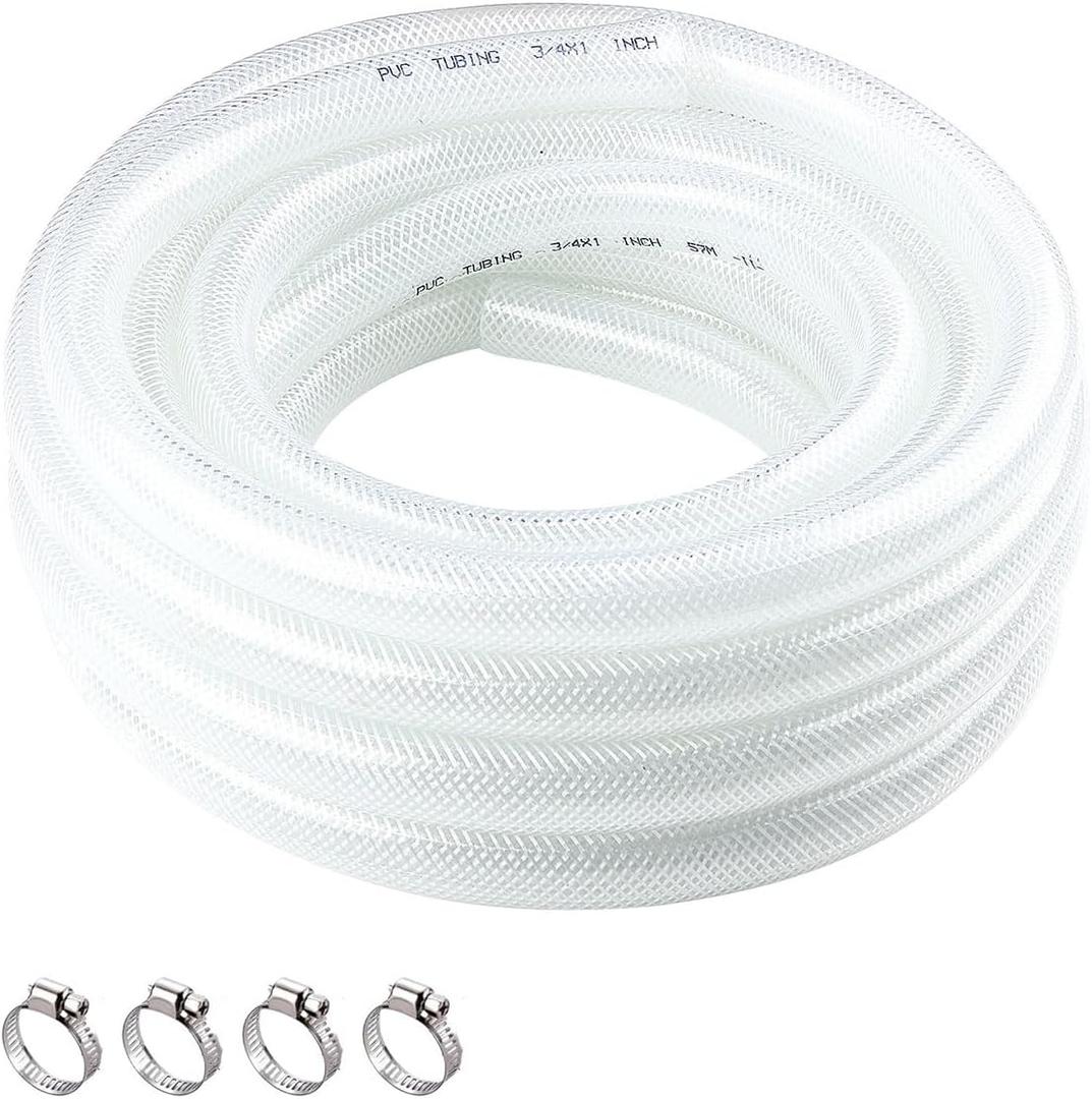 High Pressure Braided Clear Flexible PVC Tubing 3/4" ID x 1" OD - 25 Ft Heavy Duty Reinforced Vinyl Hose with 4 Stainless Clamps