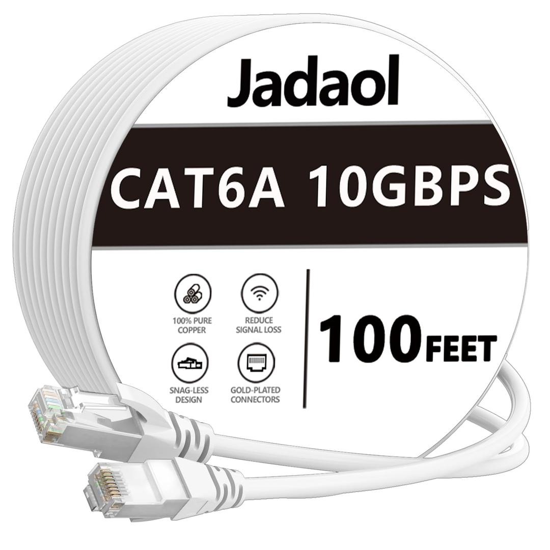 Jadaol Cat6a Ethernet Cable 100 ft, Slim Round 28AWG, 10Gbps 550MHz High-Speed Pure Copper RJ45 LAN Cable, Indoor Snagless Flexible Internet Network Patch Cord for Router, Modem, Switch, Gaming, White